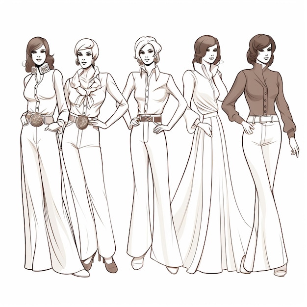 Três mulheres de saias longas e uma blusa estão de pé uma ao lado da outra.
