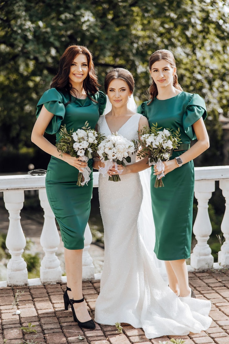 Foto três mulheres de vestidos verdes estão posando para uma foto