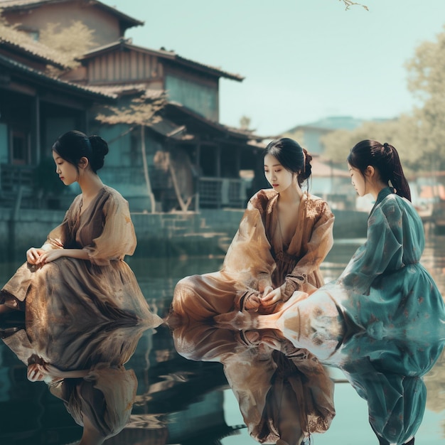 três mulheres em frente a um reflexo de água.