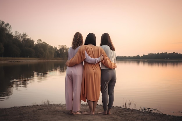 Três mulheres em pé na margem de um lago