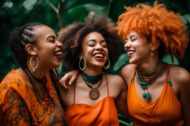 Três mulheres em roupas laranja estão rindo e rindo juntas em uma selva.