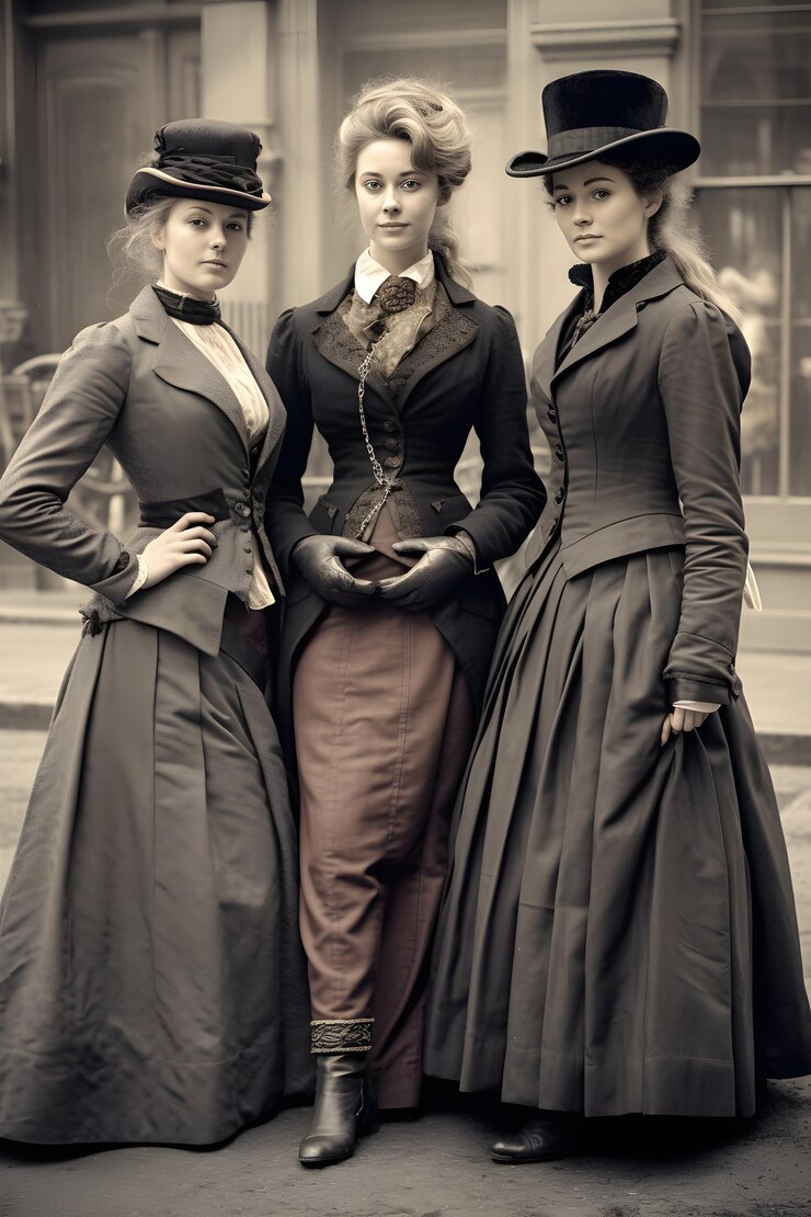 Foto três mulheres em roupas vitorianas de pé uma ao lado da outra ia generativa