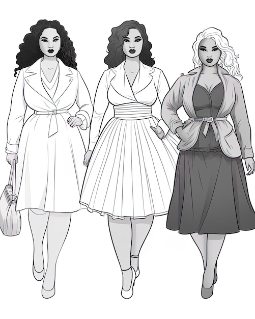 três mulheres em uma fila com uma vestindo um vestido e a outra com a outra segurando uma bolsa