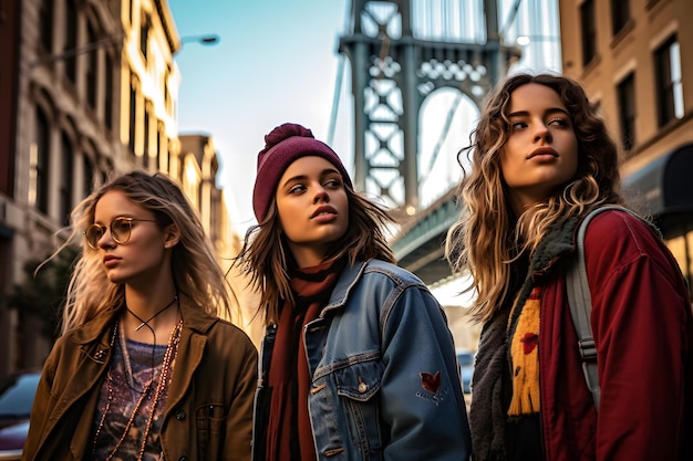 Três mulheres estão em frente a uma ponte, uma de chapéu e a outra de jaqueta jeans.