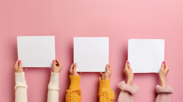 Três mulheres estão segurando um pedaço de papel que diz "todos" na parte de baixo.