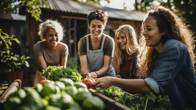 três mulheres estão sorrindo enquanto estão em um jardim com vegetais IA generativa