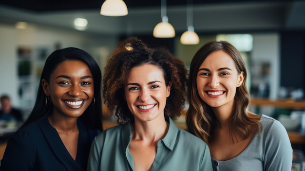 Foto três mulheres estão sorrindo juntas num escritório escuro.