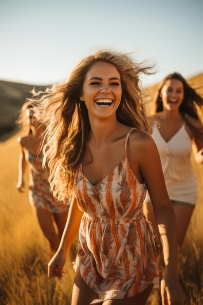 Três mulheres jovens correndo por um campo de trigo rindo e sorrindo com o sol atrás delas