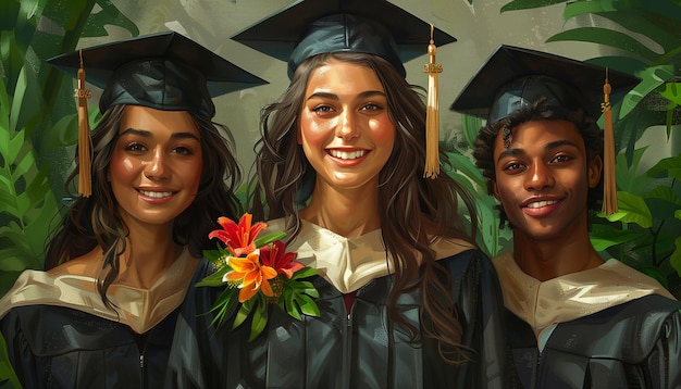 Três mulheres jovens de chapéus e vestidos de pós-graduação de pé juntas