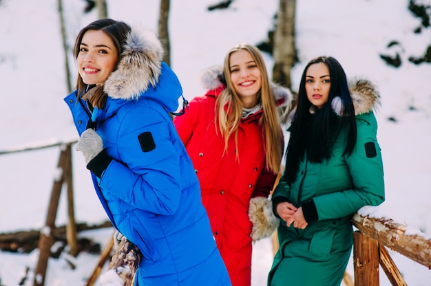 três mulheres jovens em montanhas de inverno