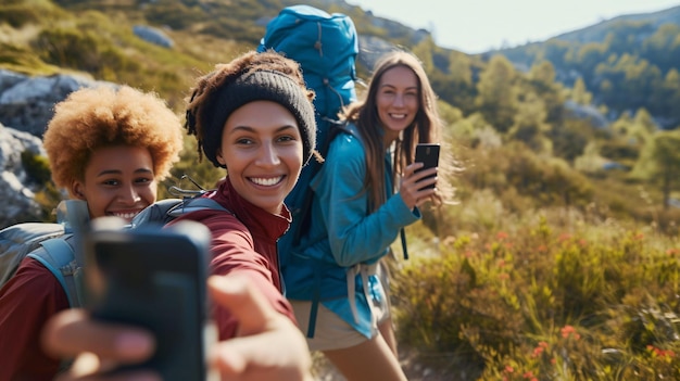 Foto três mulheres jovens estão caminhando nas montanhas, estão tirando uma selfie e sorrindo, estão todas usando mochilas e parecem felizes.
