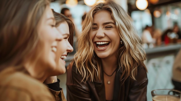 Foto três mulheres jovens estão sentadas em um bar rindo e conversando todas elas estão vestindo roupas casuais e parecem estar desfrutando de seu tempo juntos