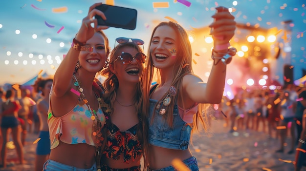 Três mulheres jovens estão tirando uma selfie em um festival de música