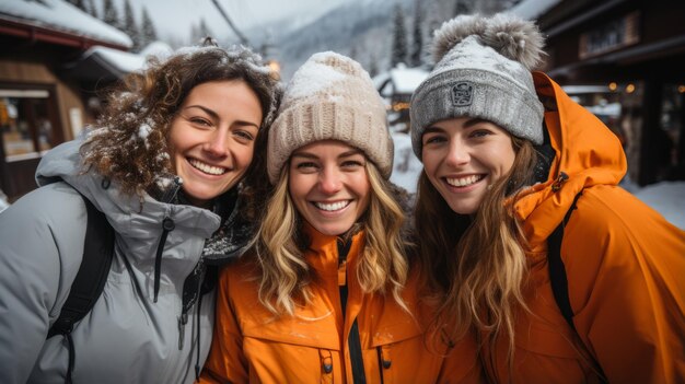 Três mulheres jovens posando para uma foto na neve