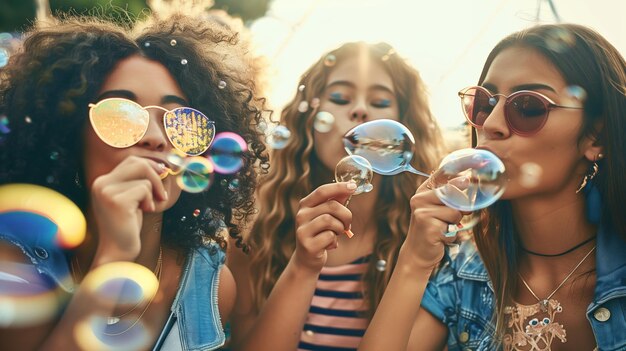 Três mulheres jovens se divertindo soprando bolhas de sabão ao ar livre em um dia ensolarado