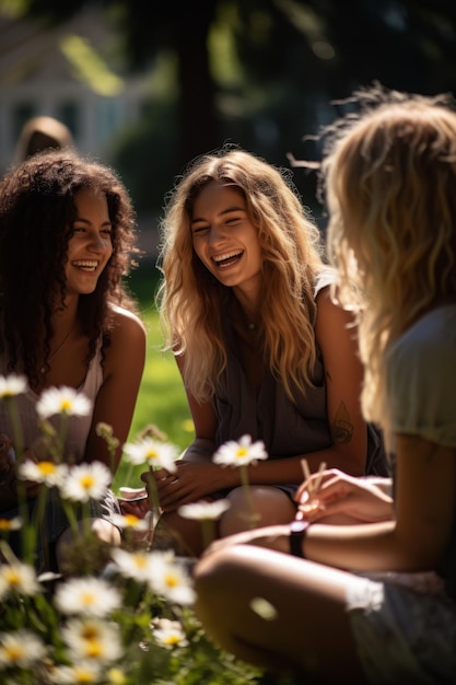 Três mulheres jovens sentadas na grama em um parque rindo e falando