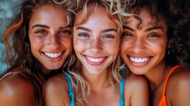 Três mulheres jovens sorrindo e posando juntas Inteligência Artificial Gerativa