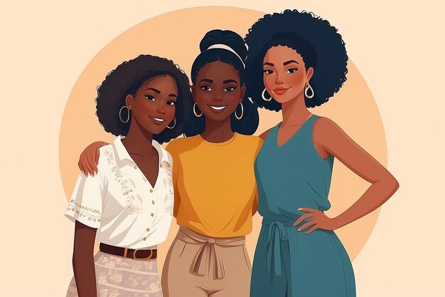 Três mulheres multiétnicas diversas juntas, raparigas africanas, latinas e caucasianas estão lado a lado.