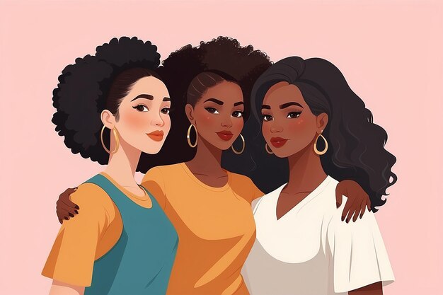 Três mulheres multiétnicas diversas juntas, raparigas africanas, latinas e caucasianas estão lado a lado.