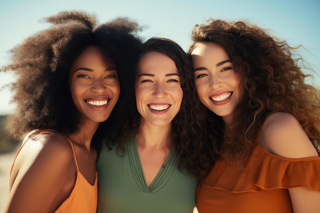 Foto três mulheres multirraciais sorrindo conceito de diversidade