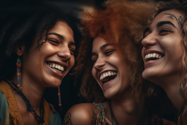 Três mulheres rindo e rindo juntas, uma delas tem fundo preto.