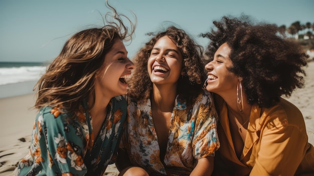 Três mulheres rindo em uma praia