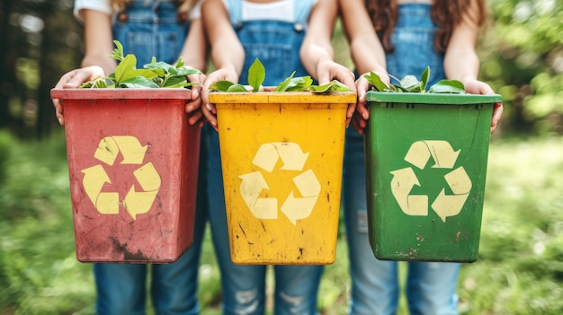 Três mulheres segurando caixas de reciclagem com as palavras reciclar compost e lixo sobre eles ai