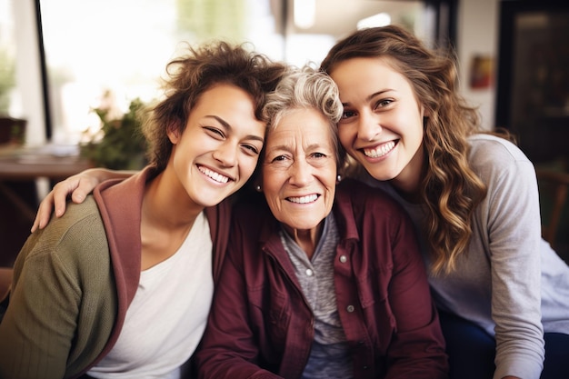 Foto três mulheres sorridentes abraçadas de perto