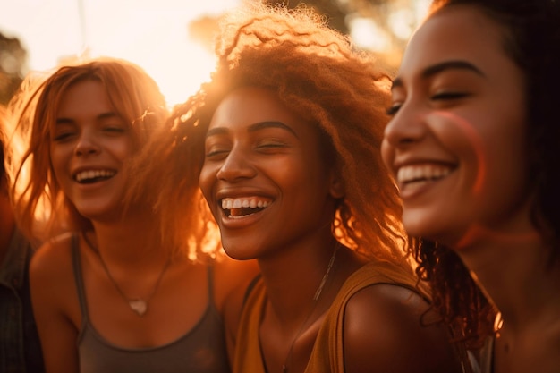 Três mulheres sorrindo e rindo em um parque