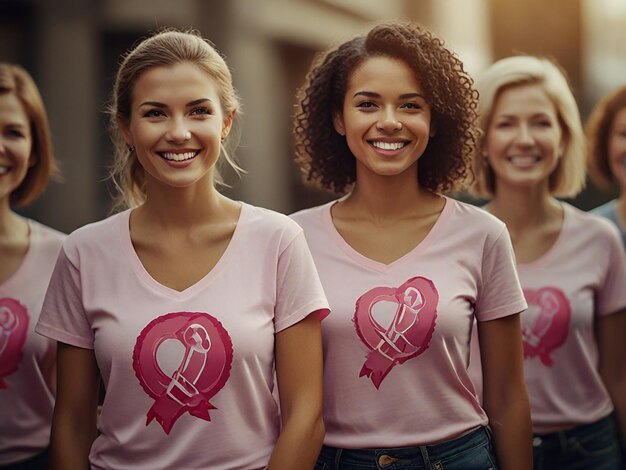 Foto três mulheres vestindo camisas cor-de-rosa que dizem que te amo