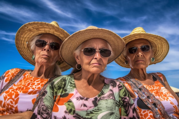 Três mulheres vestindo chapéus e uma camisa estão de pé na frente de um céu azul.