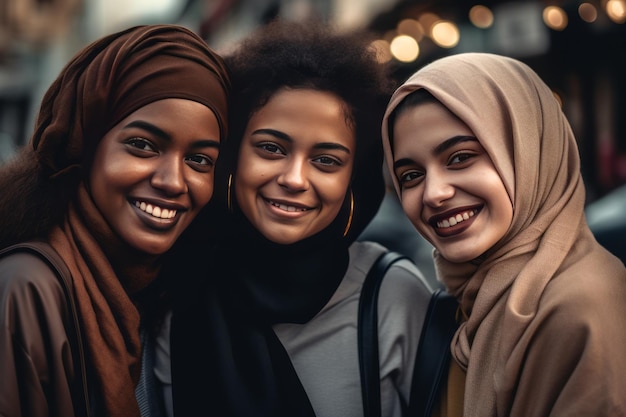 Três mulheres vibrantes abraçando a diversidade na selva urbana Um instantâneo cativante da modernidade