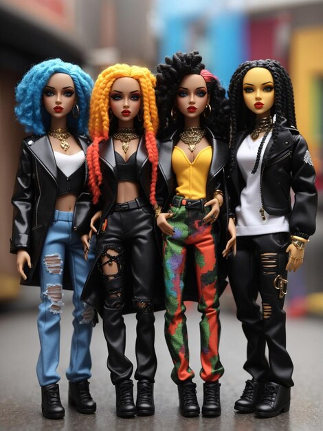 tres muñecas de diferentes colores y una chaqueta negra