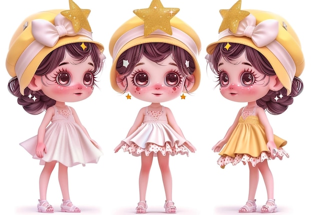 tres muñecas con sombreros amarillos y un sombrero amarillo