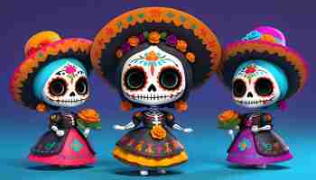 Foto tres muñecas con un traje colorido que dice mexicano