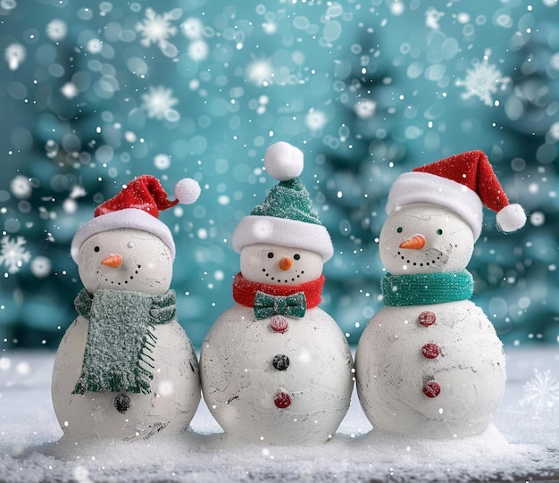 tres muñecos de nieve están en la nieve uno de ellos tiene un sombrero