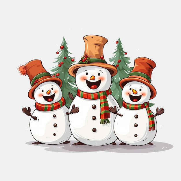 tres muñecos de nieve están de pie uno al lado del otro con sombreros y pañuelos generativos ai