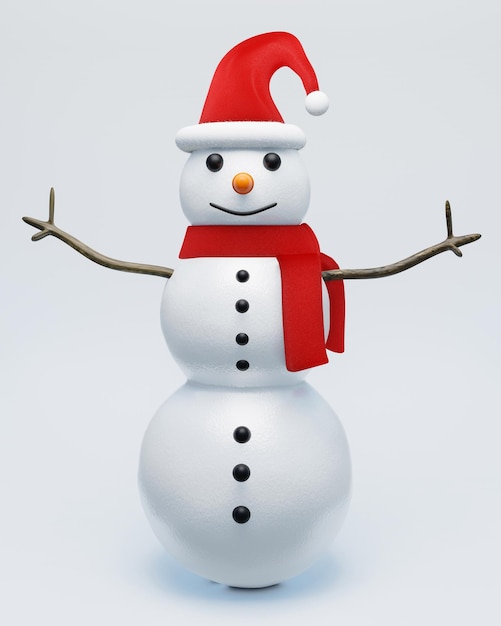 Tres muñecos de nieve con sombreros de lana roja con piel blanca envolverlo con una bufanda roja brazos hechos con ramas colocadas en el suelo y papel pintado blanco renderización 3d
