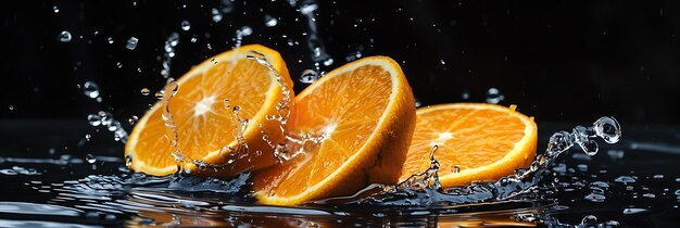 Tres naranjas cayendo al agua sobre un fondo negro