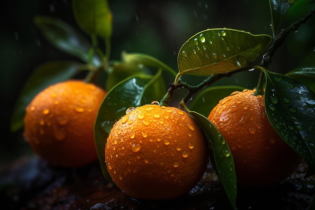 Tres naranjas con hojas verdes en una rama con gotas de agua sobre ellas.