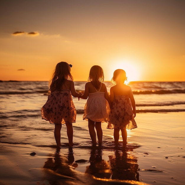 Tres niñas al atardecer en la playa