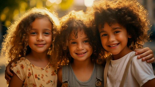 tres niñas de diferentes nacionalidades se acurrucan en verano en la naturaleza