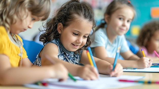 Tres niñas pequeñas están sentadas en una mesa en un aula todas tienen lápices de colores
