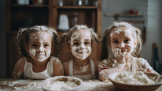 Tres niñas pequeñas se sientan en una mesa con harina en la cara.