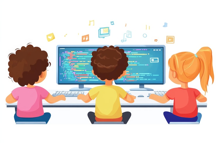 Foto tres niños aprenden a codificar juntos