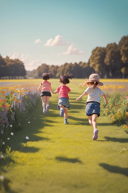 Tres niños corriendo por un camino en un campo de flores.