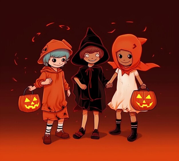 Tres niños con disfraces de Halloween posan para una foto.