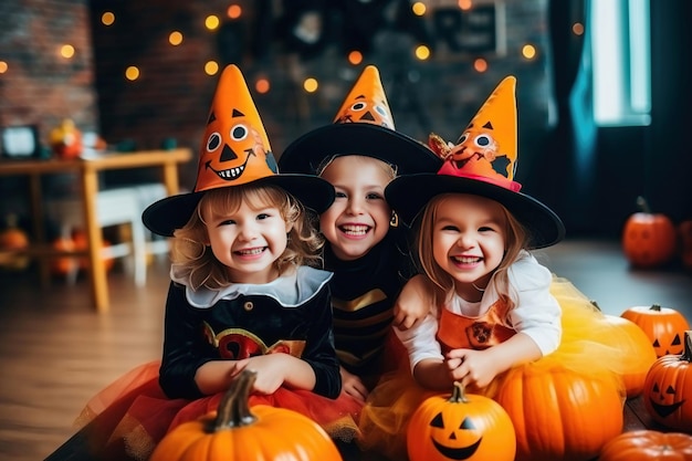 Tres niños disfrazados de Halloween sentados en calabazas Sonrisas alegres de los niños en vísperas de la fiesta Traje festivo Jack Lantern