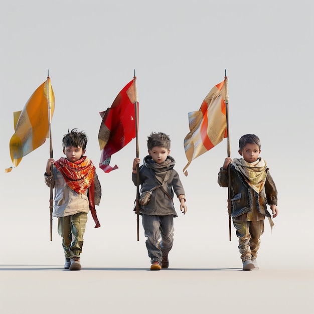 tres niños están caminando en una línea con banderas que dicen la palabra en ellos