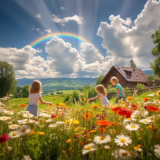 Tres niños están corriendo en un campo de flores en un día soleado con un arco iris en el fondo